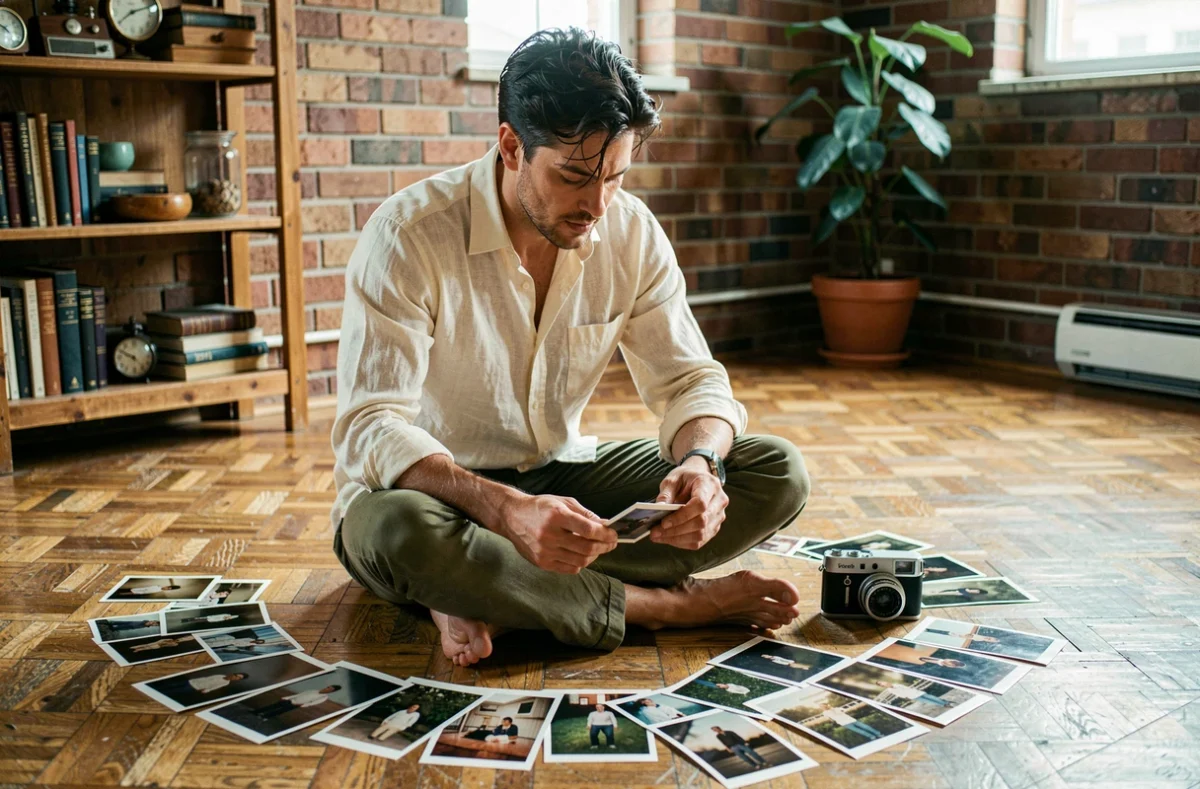 Homme assis sur un parquet ancien entouré de photos développées issues d'un appareil jetable réutilisable, ambiance appartement vintage