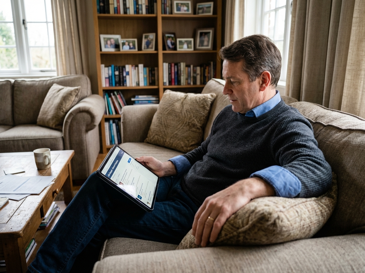 Homme recherche emploi sur tablette dans un salon cosy