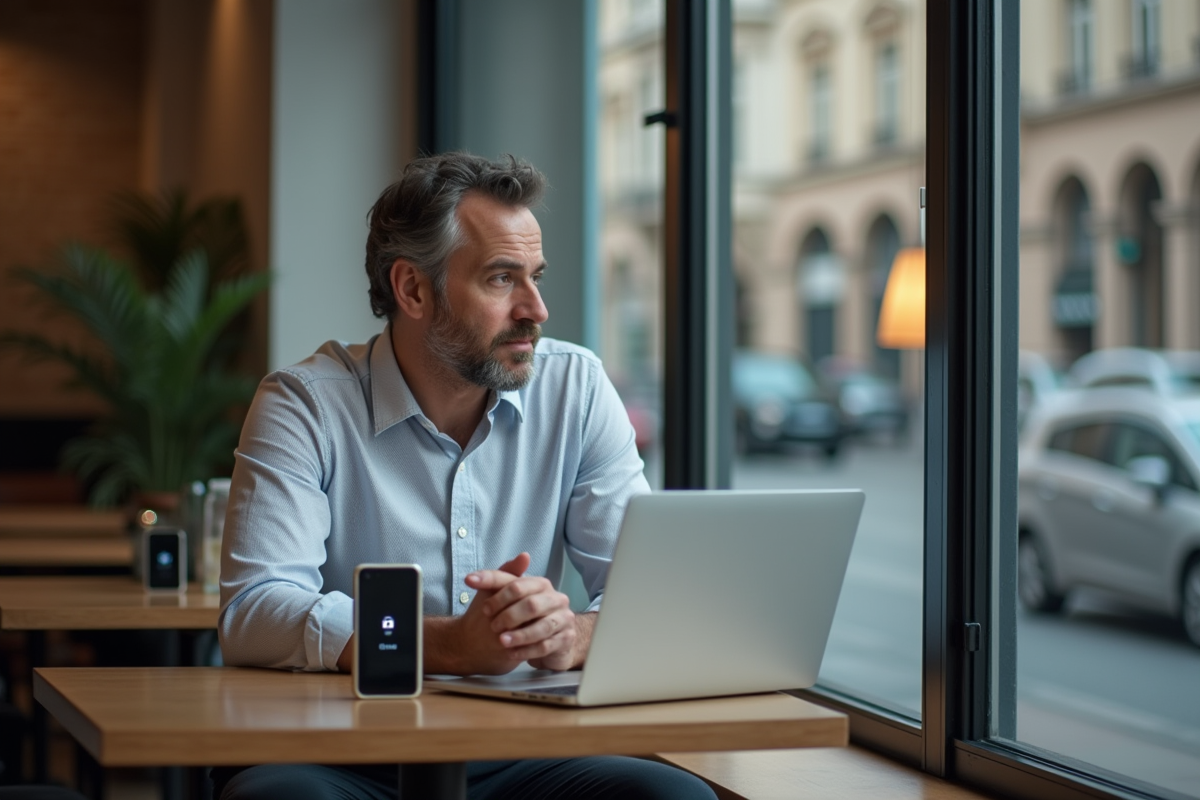 Homme pensif au café avec ordinateur et smartphone