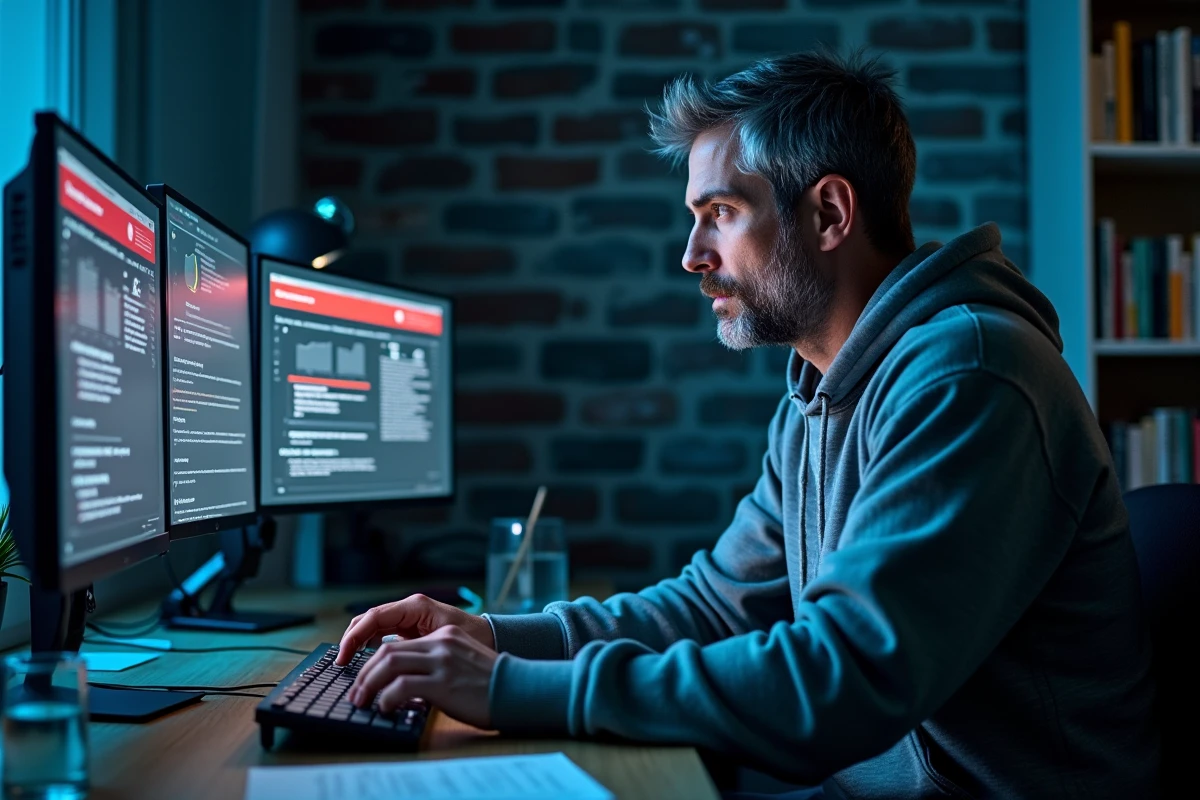 Homme en sweat gris concentré devant un double écran affichant des alertes de sécurité informatique dans un bureau à domicile, représentant les risques liés aux données numériques