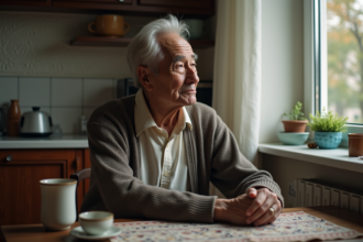 Homme senior contemplant la fenetre dans un appartement modeste