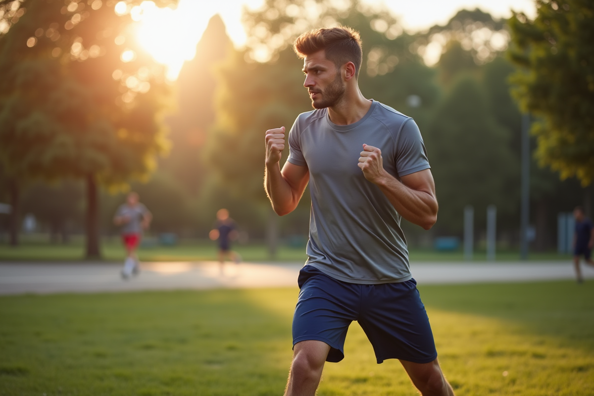 Jeune homme pratiquant shadow boxing dans un parc au lever du soleil