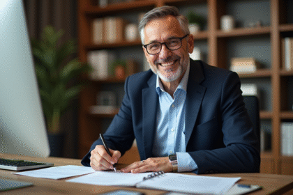 Homme d'âge moyen signant un document dans un bureau moderne