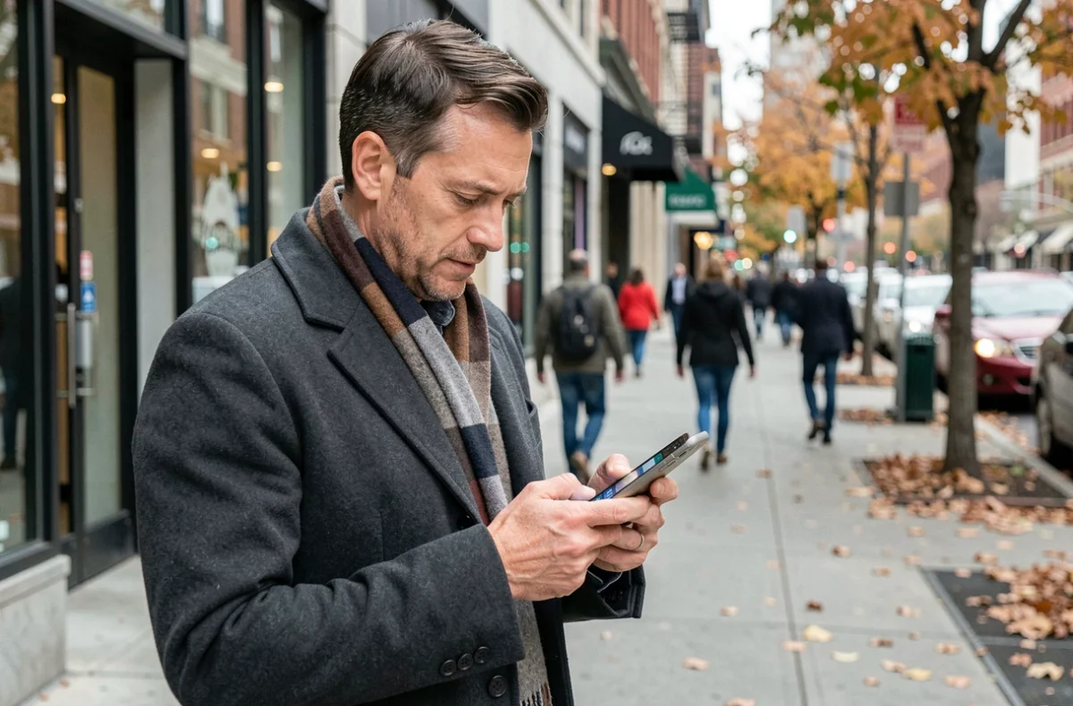 Homme consultant les actualités Enkirama sur son smartphone dans une rue commerçante animée en automne