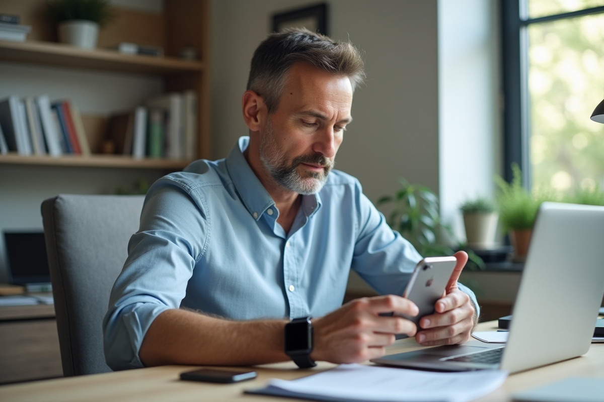 Homme comparant plusieurs appareils connectes