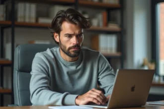 Homme concentré travaillant sur son ordinateur dans un bureau à domicile