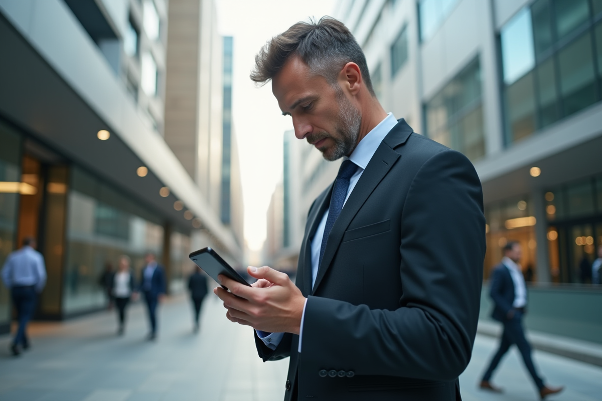 Homme d affaires utilisant son smartphone en ville