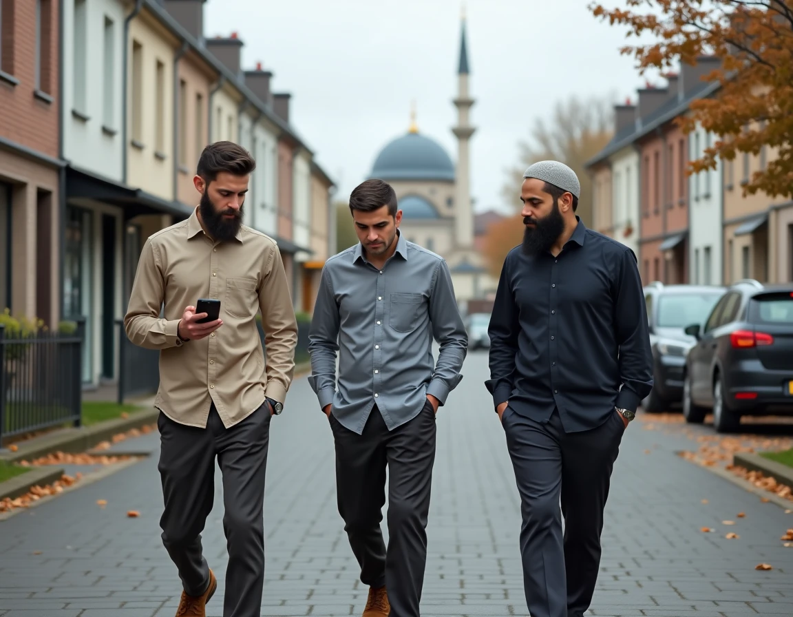 Groupe d'hommes musulmans se dirigeant vers la mosquée pour la prière du vendredi à Mantes-la-Jolie