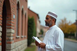 Homme musulman tenant un horaire de prière devant une mosquée à Mantes-la-Jolie
