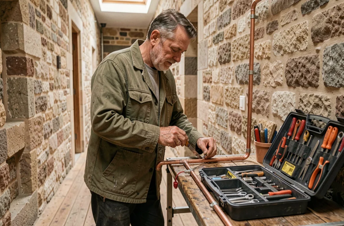Artisan plombier indépendant Houpin Didier traçant et mesurant un tuyau en cuivre sur un établi portatif dans le couloir d'une maison ancienne en Moselle
