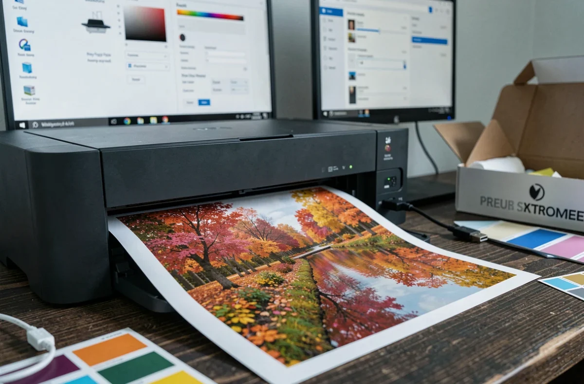 Gros plan sur une impression photo en cours sur une imprimante connectée à un PC Windows avec logiciel de profil couleur visible