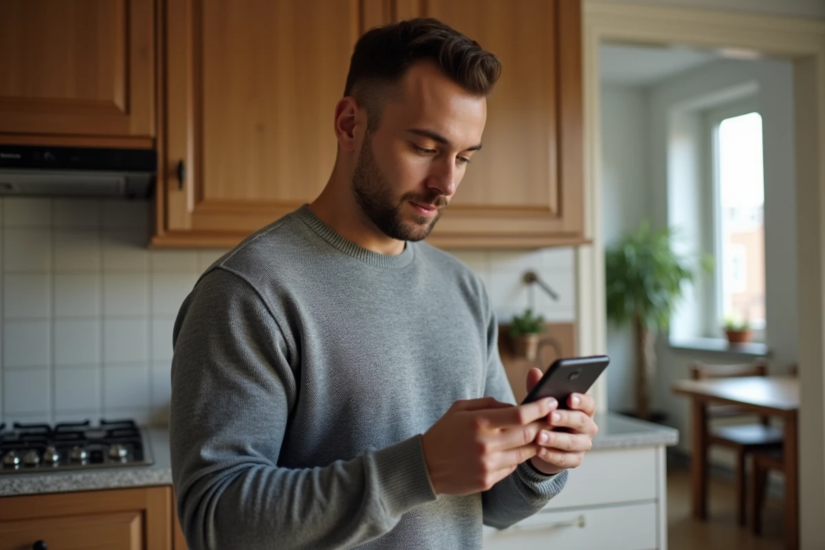 Homme composant un numéro international sur son smartphone dans une cuisine belge pour contacter un service client