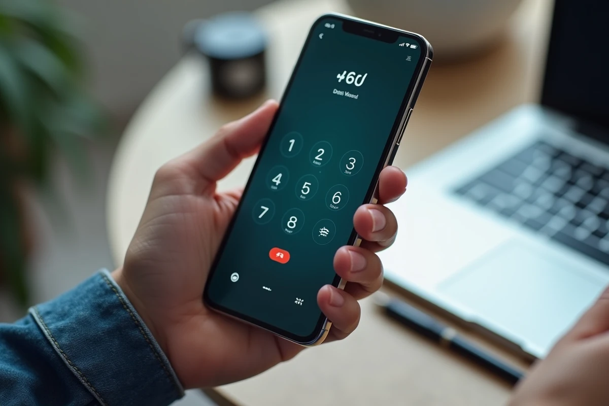 Gros plan d'un smartphone affichant l'indicatif international +41 pour appeler la Suisse