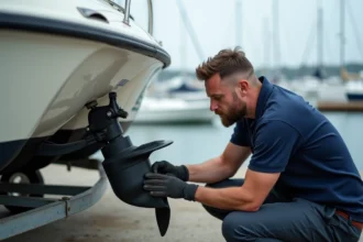 Mécanicien débutant inspectant l'hélice d'un petit bateau à moteur sur une remorque dans un chantier naval
