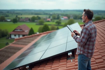 Homme inspectant des panneaux solaires sur un toit rural