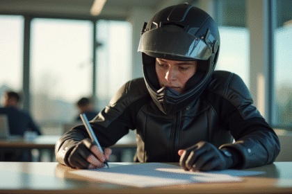 Jeune adulte en équipement moto remplissant un papier à la conduite