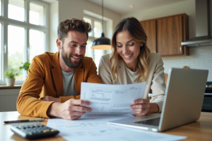 Jeune couple souriant examinant documents immobiliers dans une cuisine lumineuse