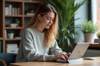 Jeune femme travaillant sur une tablette dans un bureau moderne