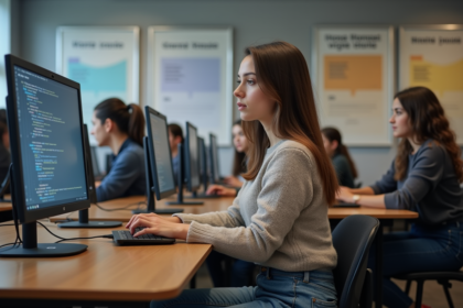 Jeune femme en cours de coding dans une universite