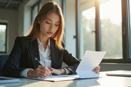 Jeune femme en tenue élégante examine deux contrats au bureau