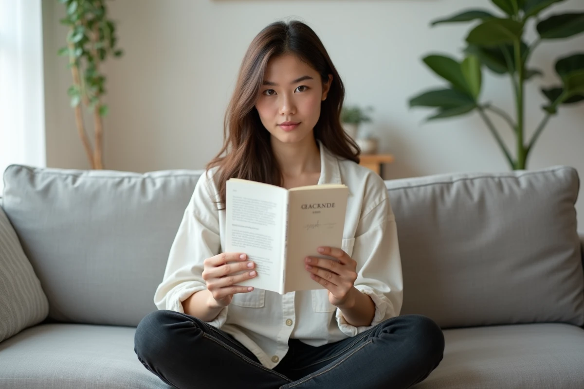 Jeune femme concentrée lisant un manuel de grammaire française sur un canapé gris