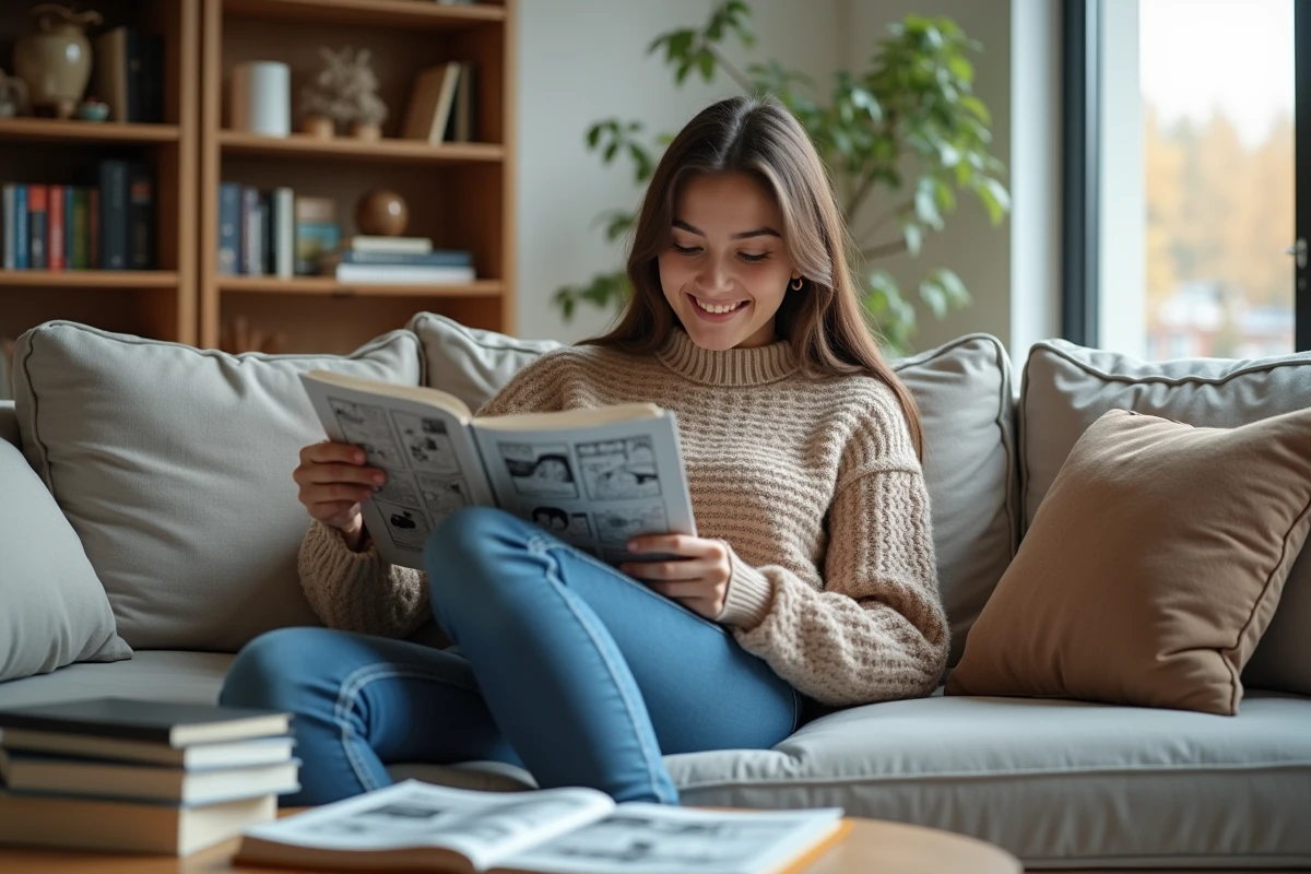 Jeune femme lisant manga dans un salon lumineux