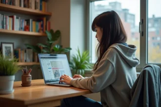 Jeune femme regardant un site manga sur son ordinateur portable