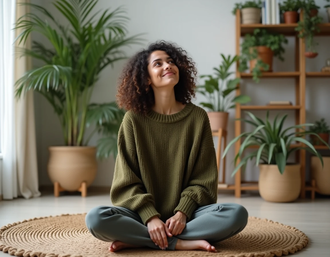 Jeune femme souriante et pensive assise sur le sol d'un appartement minimaliste, ambiance spirituelle apaisante