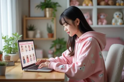 Jeune femme en hoodie pastel kawaii sur son bureau