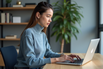 Jeune femme lisant une politique de confidentialité sur son ordinateur