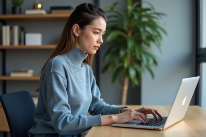 Jeune femme lisant une politique de confidentialité sur son ordinateur