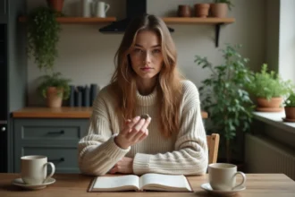 Jeune femme tenant une rune dans une cuisine chaleureuse