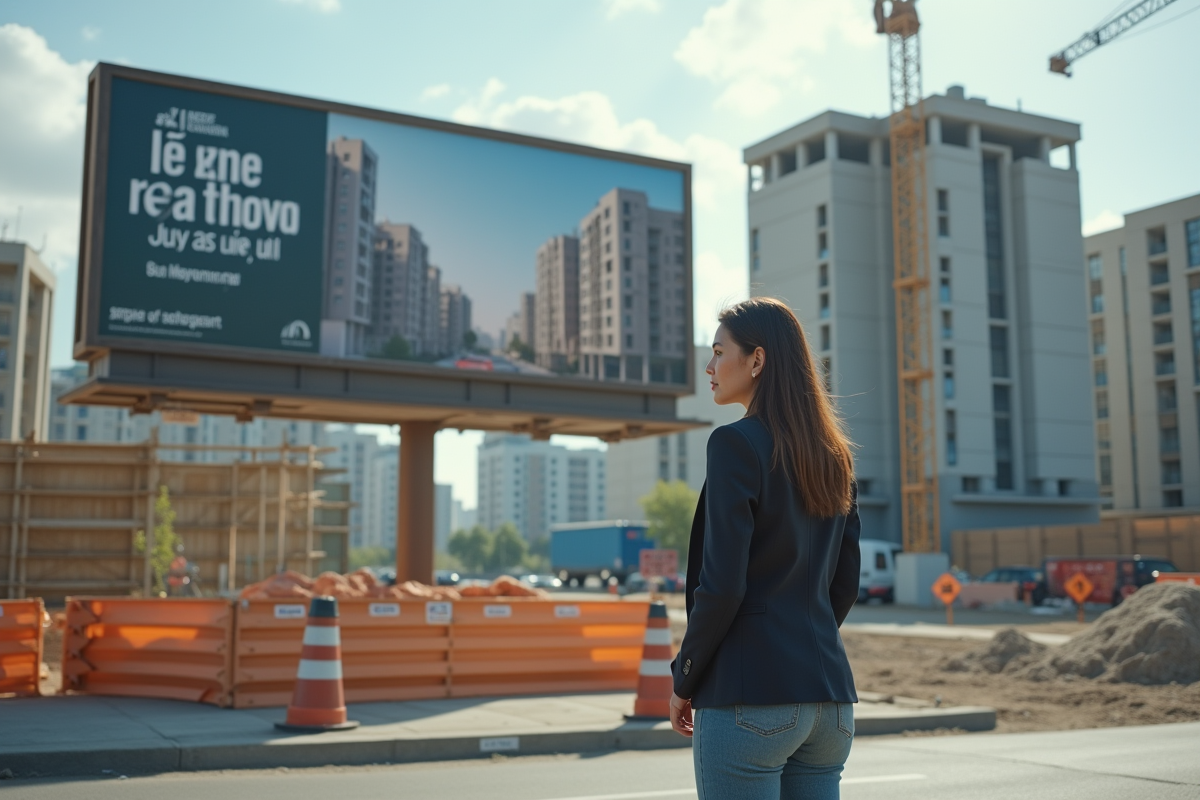 Jeune femme scrutant un panneau de promotion sur un chantier