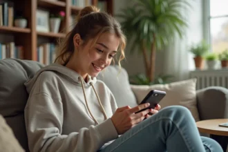 Jeune femme décontractée avec hoodie utilisant smartphone