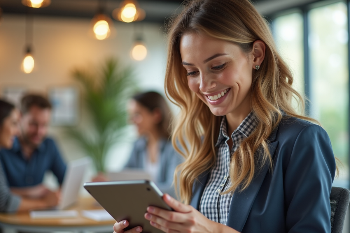 Jeune femme professionnelle vérifiant sa carte santé sur une tablette