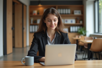 Jeune femme professionnelle travaillant sur un ordinateur dans un espace coworking moderne