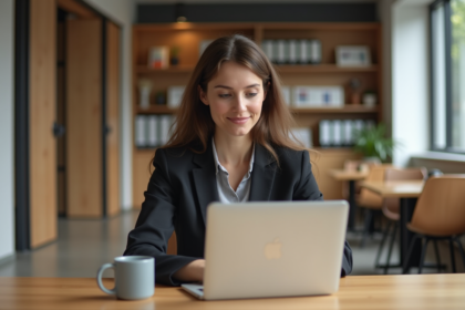 Jeune femme professionnelle travaillant sur un ordinateur dans un espace coworking moderne