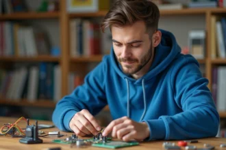 Jeune homme en hoodie assemble un circuit électronique dans son atelier