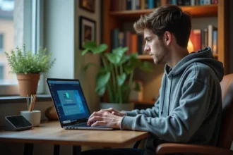 Jeune homme avec ordinateur portable dans un espace cosy