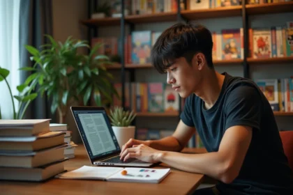 Jeune homme lisant manga sur ordinateur dans un appartement