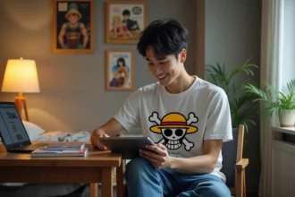 Jeune homme lisant manga sur tablette dans sa chambre