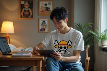 Jeune homme lisant manga sur tablette dans sa chambre