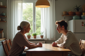 Jeune homme frustré avec sa mère dans la cuisine