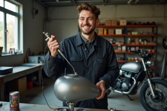 Jeune homme en combinaison peignant une moto dans un garage