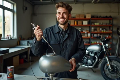 Jeune homme en combinaison peignant une moto dans un garage