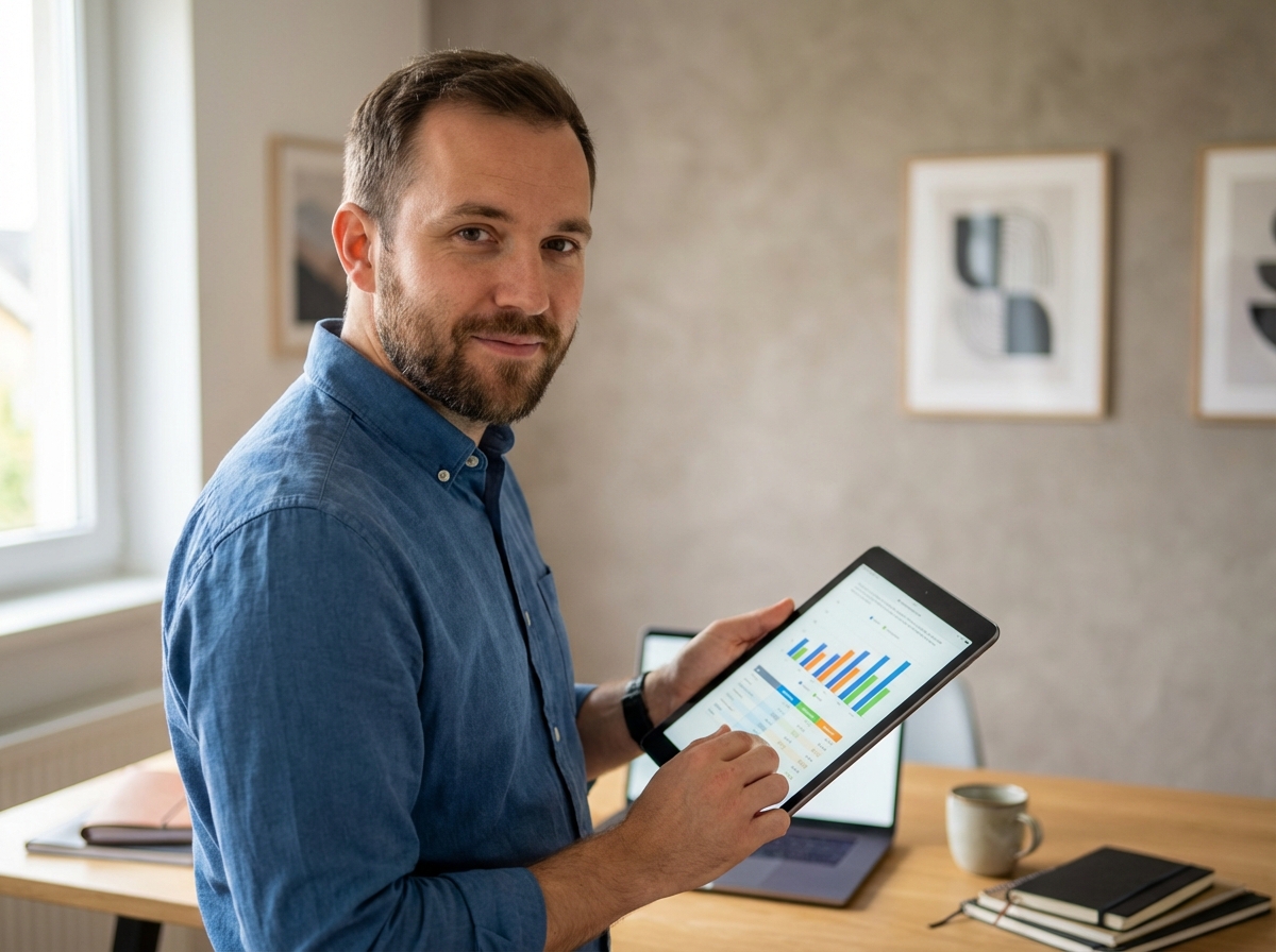 Jeune professionnel utilisant une tablette dans un bureau moderne