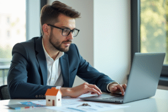 Jeune professionnel analysant des graphiques immobiliers au bureau