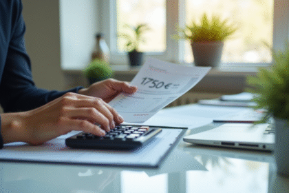 Jeune professionnel vérifiant une fiche de paie de 1750 euros