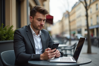Jeune professionnel utilisant un ordinateur et smartphone à Paris