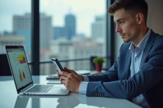 Jeune professionnel comparant des forfaits mobiles dans un espace moderne